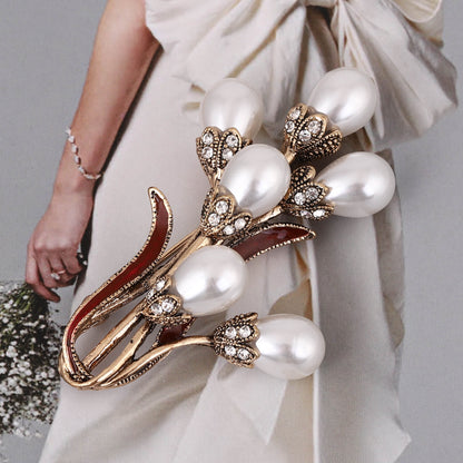 Retro Pearl Bouquet Womens Tulip Flower Brooch Pin